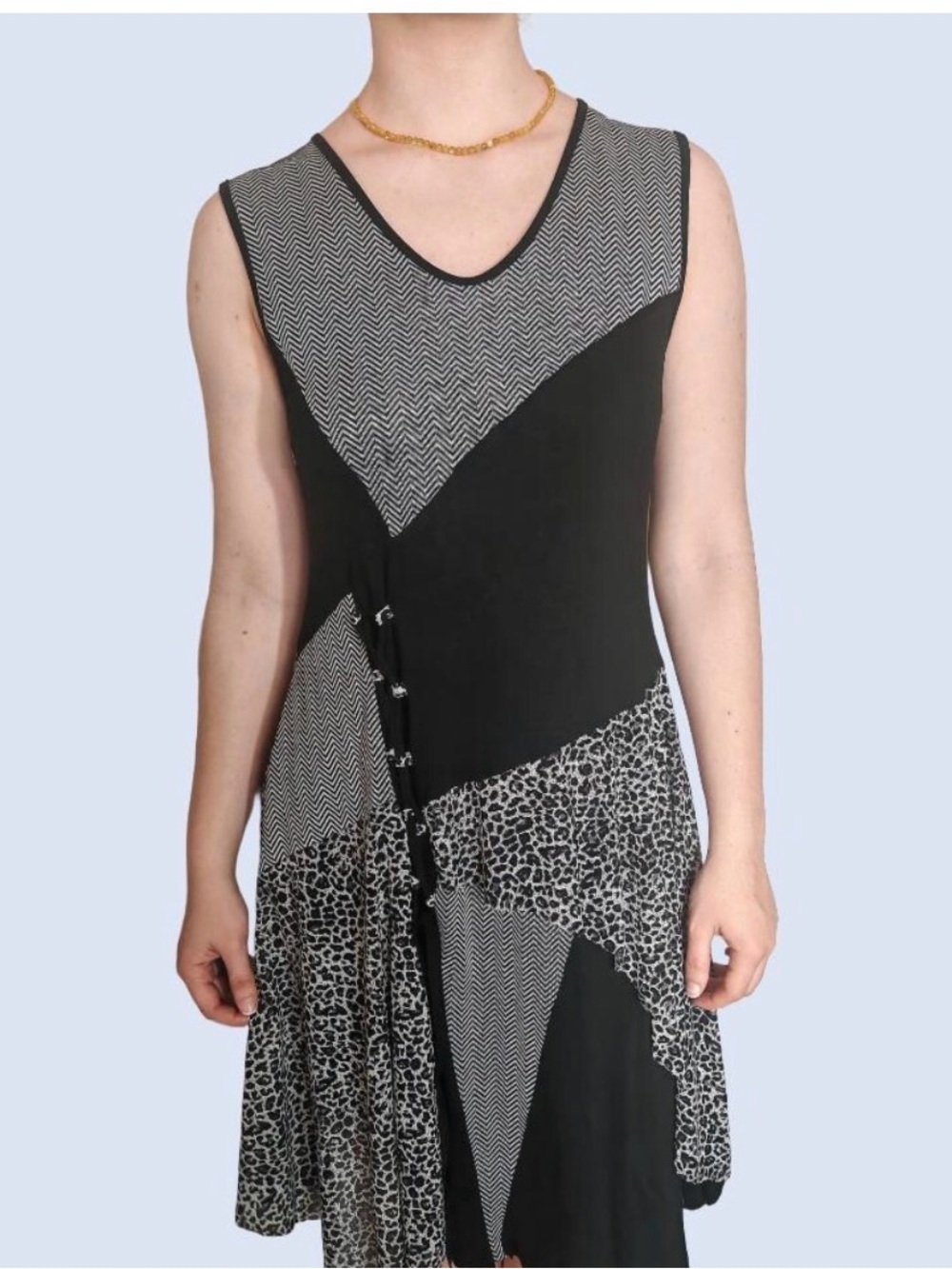 Papillon Mixed Print Patchwork Asymmetric Midi Dress Black White Sz L